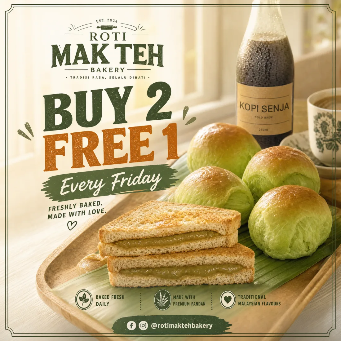 A Buy 2 Free 1 promotion poster for a bakery, with pandan buns, kaya toast and a cold brew bottle