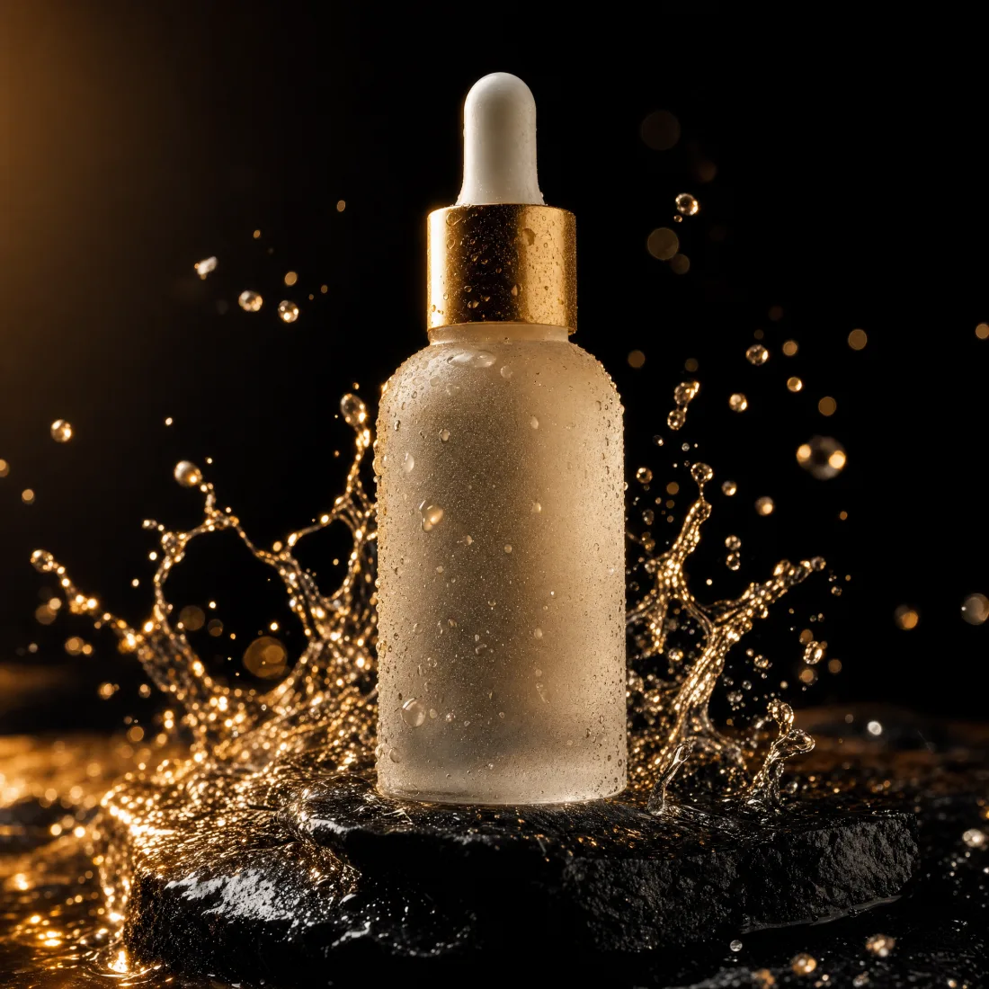 A frosted serum bottle with a gold dropper on wet black stone, with golden water splashes