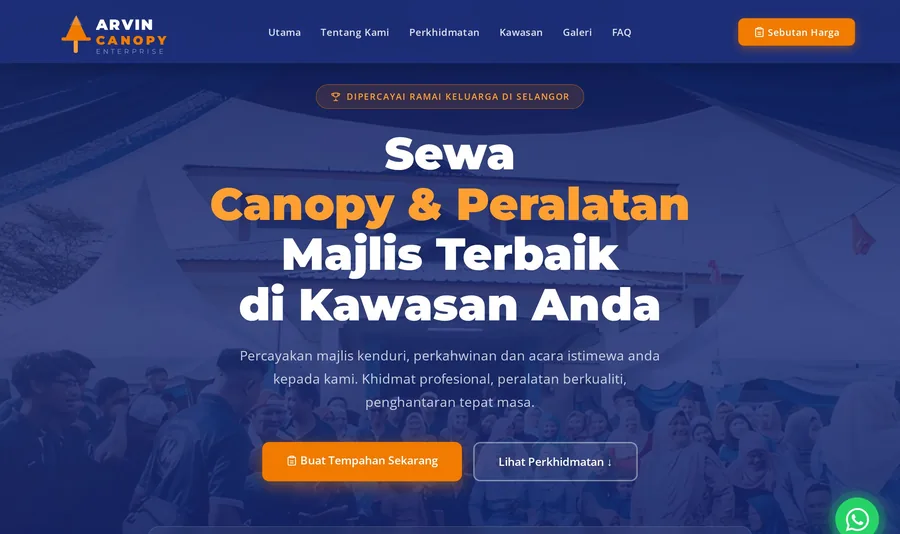 Arvin Canopy website — canopy rental and event services