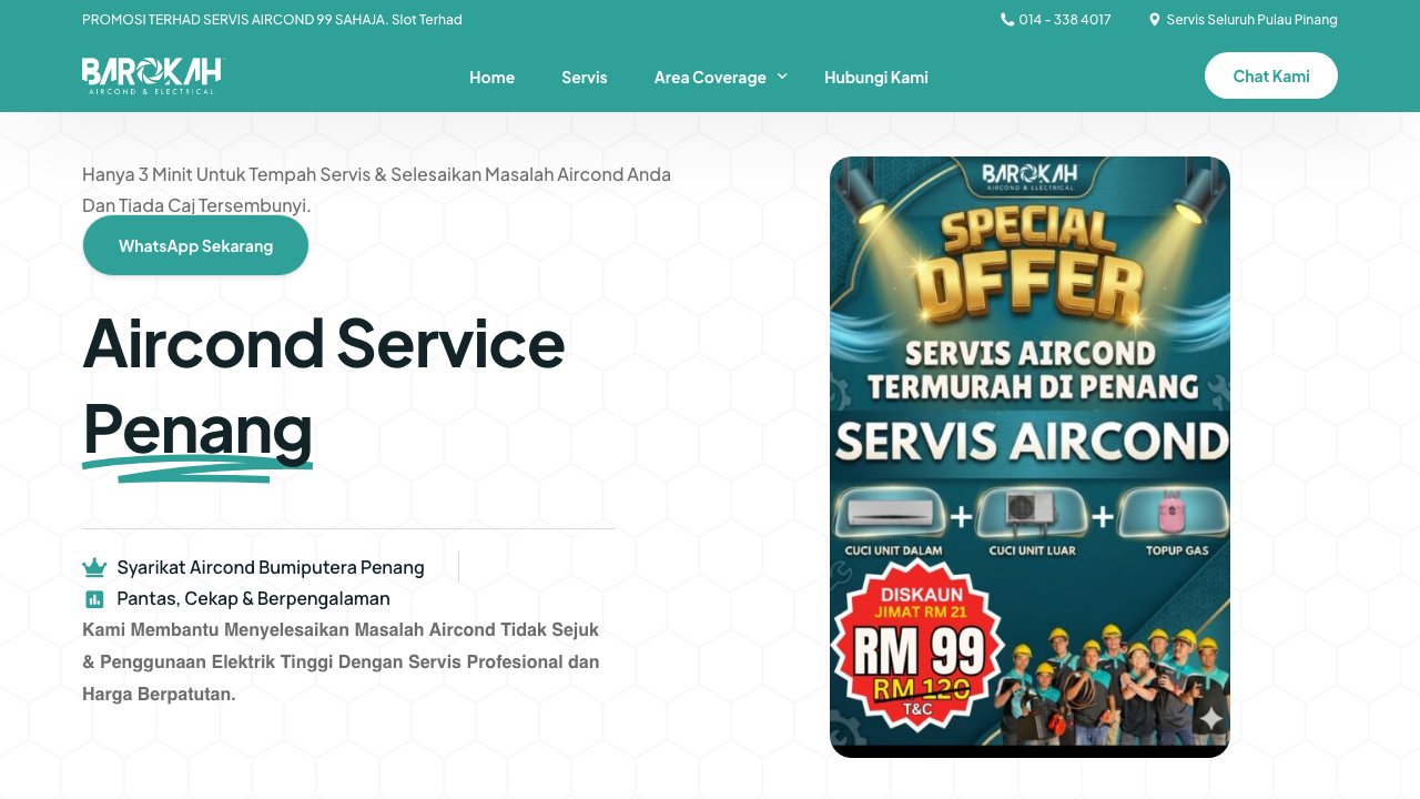 Website Barokah Aircond — servis aircond Pulau Pinang